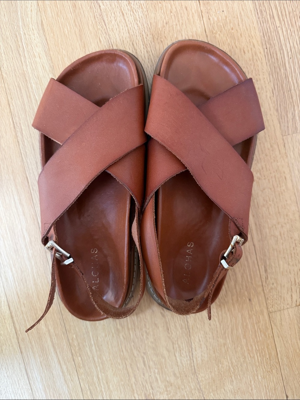 ALOHAS Cognac Crisscross Leather Sandals with Buckle